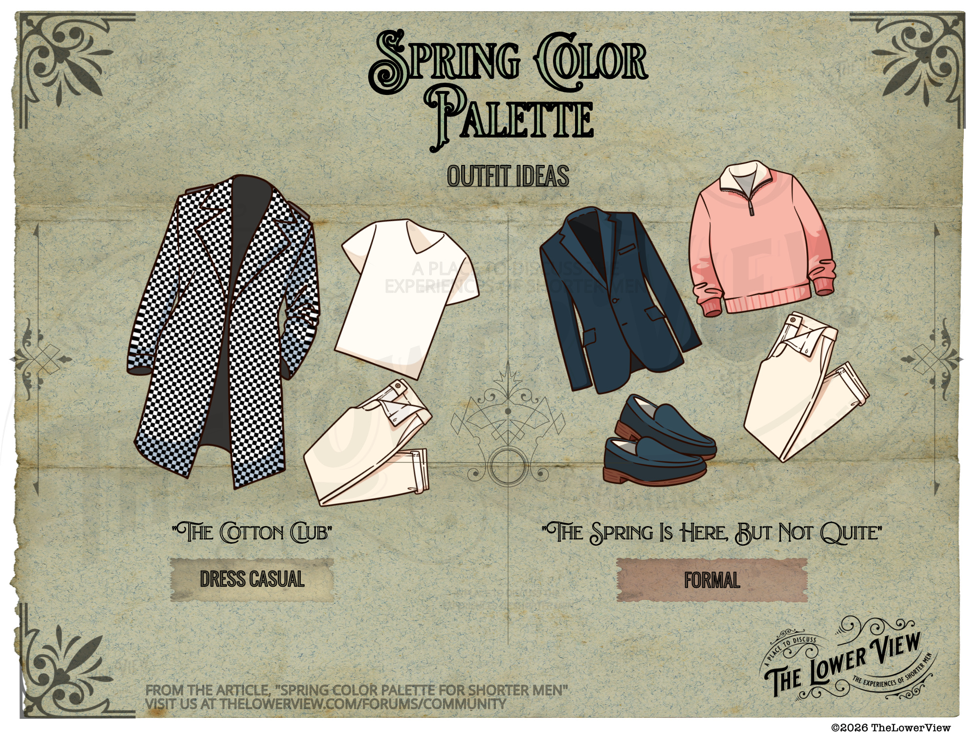 Spring Color Palette For Shorter Men | Outfit Ideas | White Black Check Sports Coat Chinos | Navy Sports Coat Pink Rose Quarter Zip